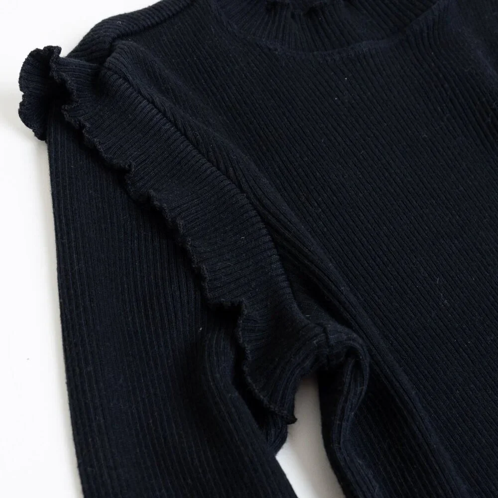 Current/Elliott The Ruffle Rib Top Black Ribbed Mock Neck Size 1 - Picture 7 of 11